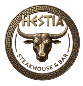 HESTIA steakhouse logo design. Bronze bull icon with Greek meander border, metallic typography, luxury restaurant branding, Mediterranean-inspired steakhouse and bar emblem